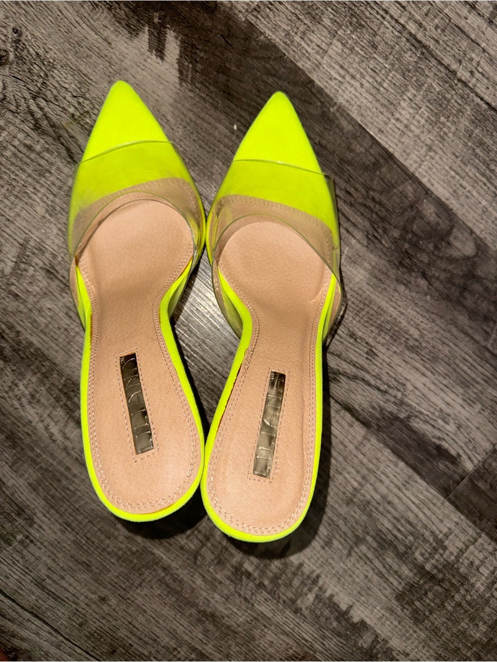 Liliana Neon Yellow Pointed Toe Clear Panel Mules